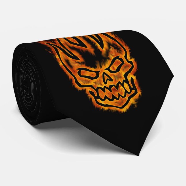 Hard Core Flaming Skull Black Two-side Tie (Rolled)