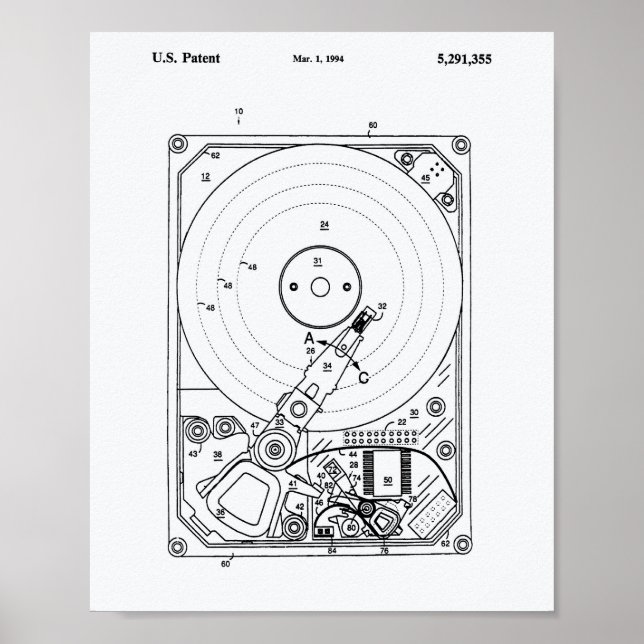 Hard Disk Drive 1994 Patent Art White Paper Poster (Front)