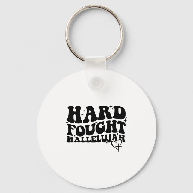 Hard Fought Hallelujah Cross Heart Sparkle Art  Key Ring (Front)