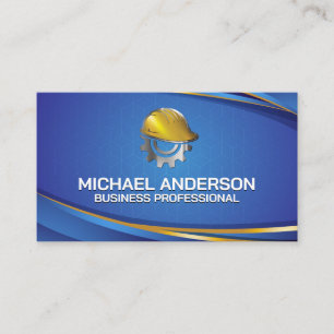 Hard hat Gear Construction Logo   Blue Background Business Card
