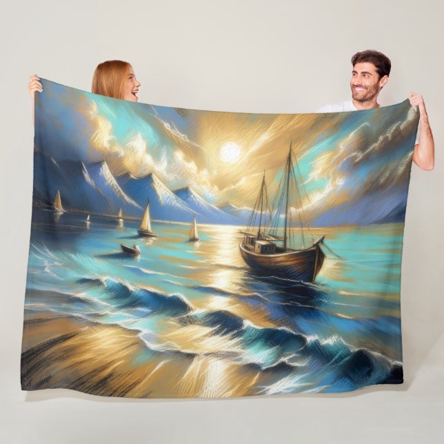 Hard Pastel Drawing Boats Water  Fleece Blanket (In Situ)