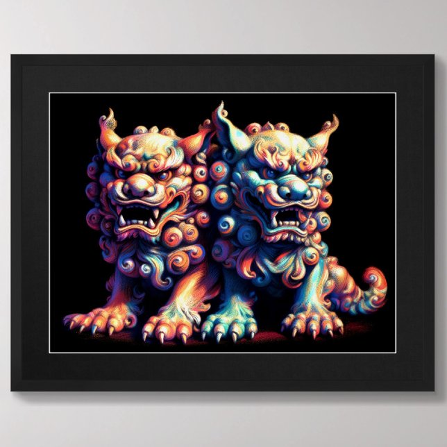 Hard Pastel Drawing Chinese Foo Dog Pair Poster (Creator Uploaded)