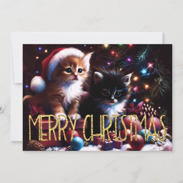 Hard Pastel Drawing Christmas 2 Kittens Card (Front)