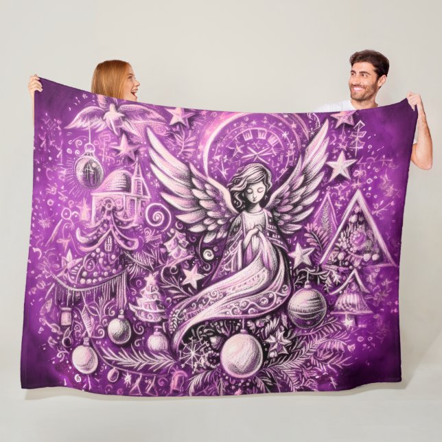 Hard Pastel Drawing Christmas Angel Purple Fleece Blanket (In Situ)