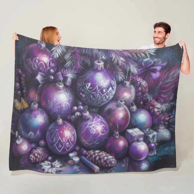 Hard Pastel Drawing Christmas Motif Holiday Purple Fleece Blanket (In Situ)