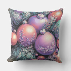 Hard Pastel Drawing Christmas Motifs Purple Peach Cushion