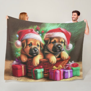 Hard Pastel Drawing Christmas Puppies Fleece Blanket