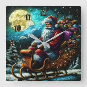 Hard Pastel Drawing Christmas Santa in Sleigh 2 Square Wall Clock