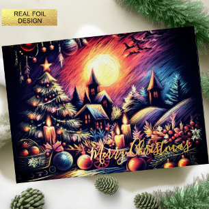 Hard Pastel Drawing Christmas Scene Foil Holiday Card