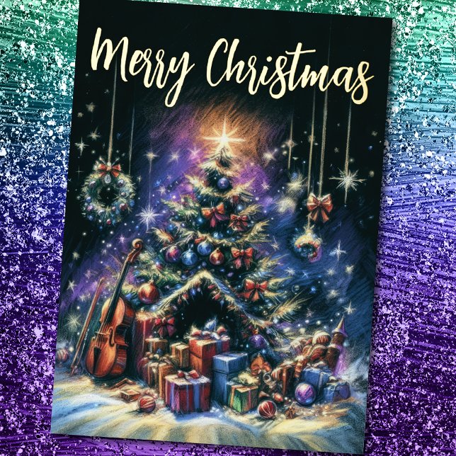 Hard Pastel Drawing Christmas Tree Foil Holiday Card (Creator Uploaded)