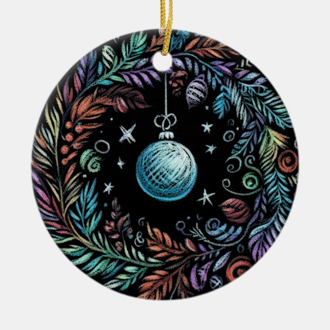 Hard Pastel Drawing Christmas Wreath Ceramic Ornament (Front)