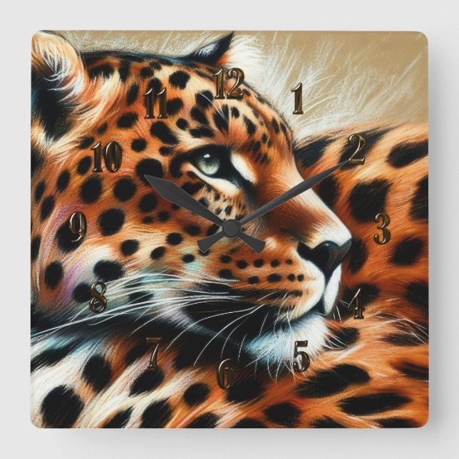 Hard Pastel Drawing Leopard Square Wall Clock (Front)