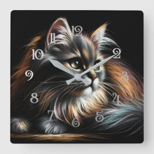 Hard Pastel Drawing Long-Haired Cat Square Wall Clock