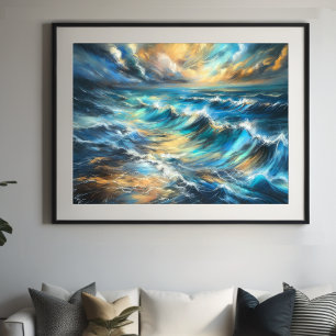 Hard Pastel Drawing Stormy Waves Poster