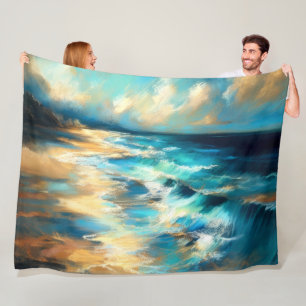 Hard Pastel Drawing Waves on a Beach Fleece Blanket