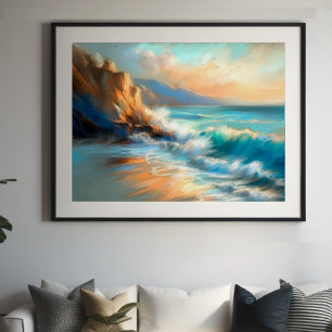 Hard Pastel Drawing Waves on a Beach Poster