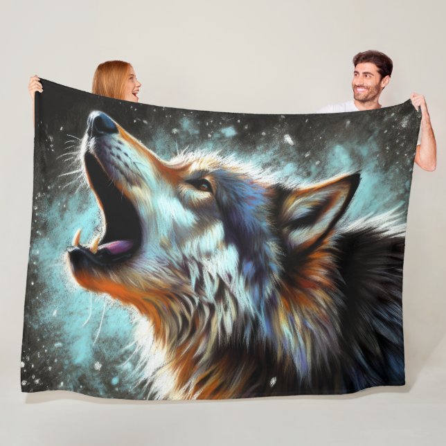 Hard Pastel Drawing Wolf Howling Fleece Blanket (In Situ)