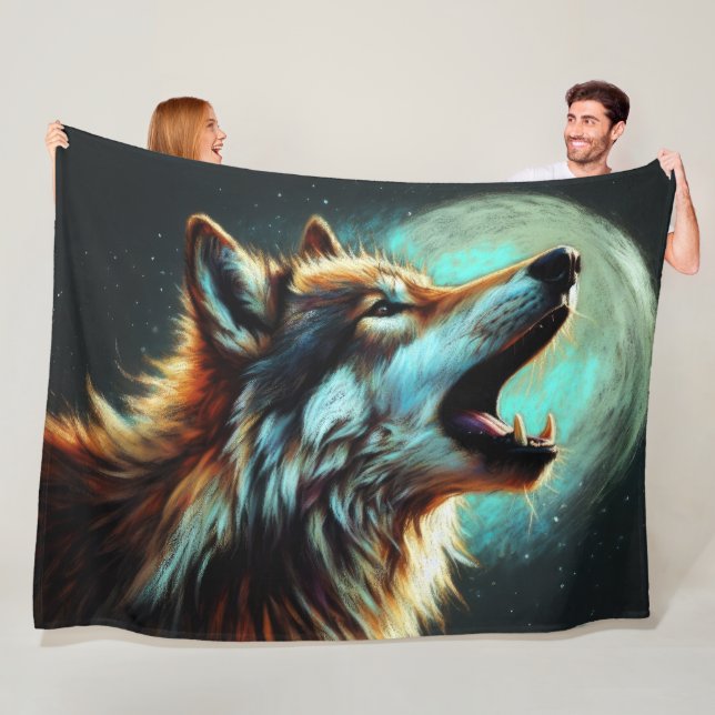 Hard Pastel Drawing Wolf Howling Moon Fleece Blanket (In Situ)