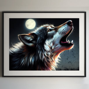 Hard Pastel Drawing Wolf Howling Moon Poster