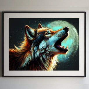 Hard Pastel Drawing Wolf Howling Moon Poster