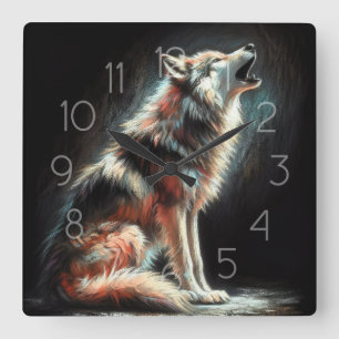 Hard Pastel Drawing Wolf Square Wall Clock