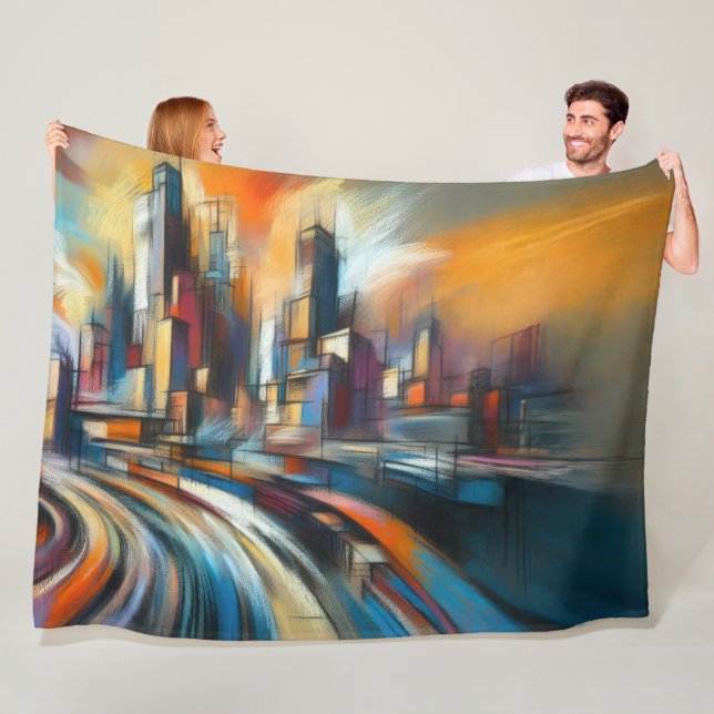 Hard Pastels Drawing Abstract Modern Cityscape Fleece Blanket (In Situ)