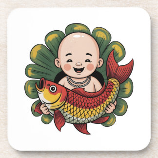 Hard plastic coaster | Cute Boy with Lucky Koi