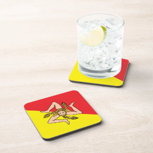 Hard plastic coaster with flag of Sicily, Italy