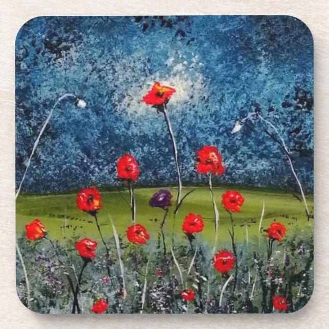 Hard plastic coaster with painted poppy fields (Front)
