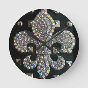 "HARD ROCK" BLACK FLEUR DE LIS FAUX STUDDED PRINT ROUND CLOCK