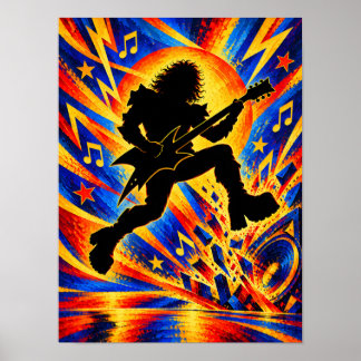 Hard Rock Guitarist Jumping on Stage Silhouette Poster