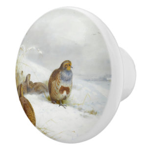 Hard times- partridges and a hare, Art Birds Ceramic Knob