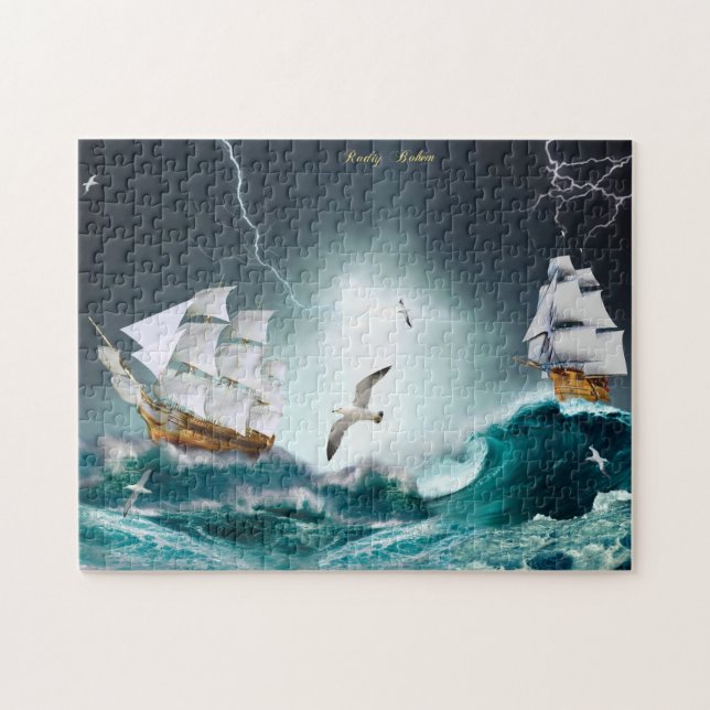 Hard way sailboat sailing ship sea ocean waves jigsaw puzzle (Horizontal)