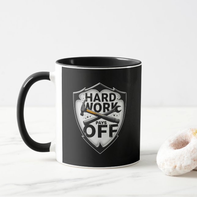 Hard Work Pays Off Shield Worker Design Mug (With Donut)