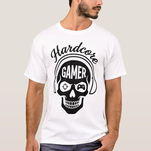 Hardcore Gamer T-Shirt - Neon Retro E-Sports Skull (Front)