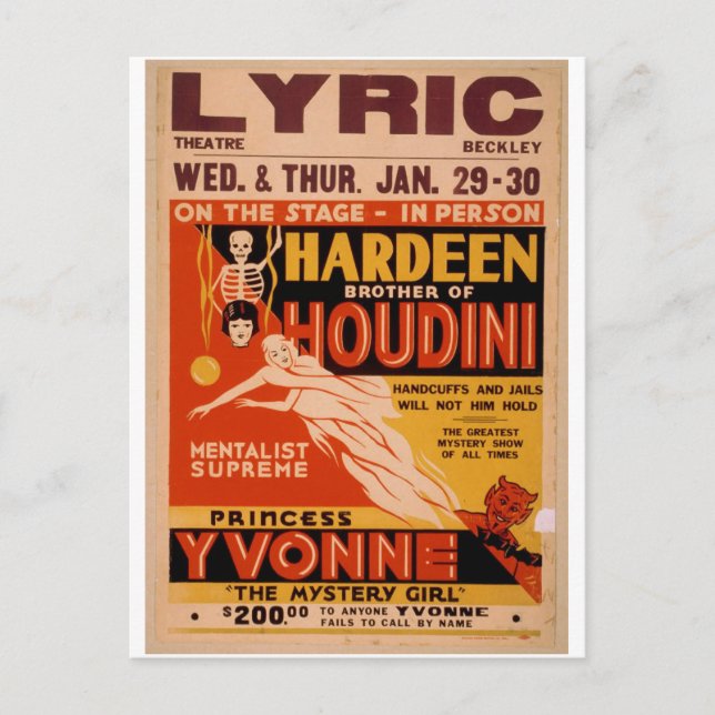 Hardeen brother of Houdini, 'The Mystery Girl' Postcard (Front)