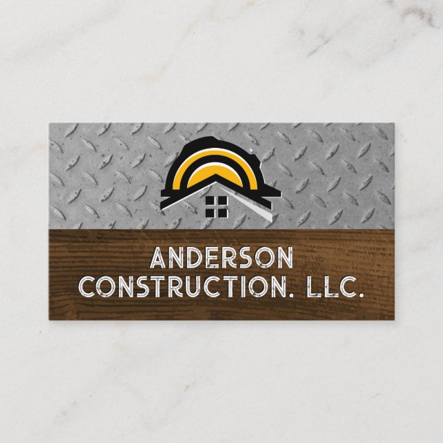 Hardhat Construction Logo | Steel Wood Business Card (Front)