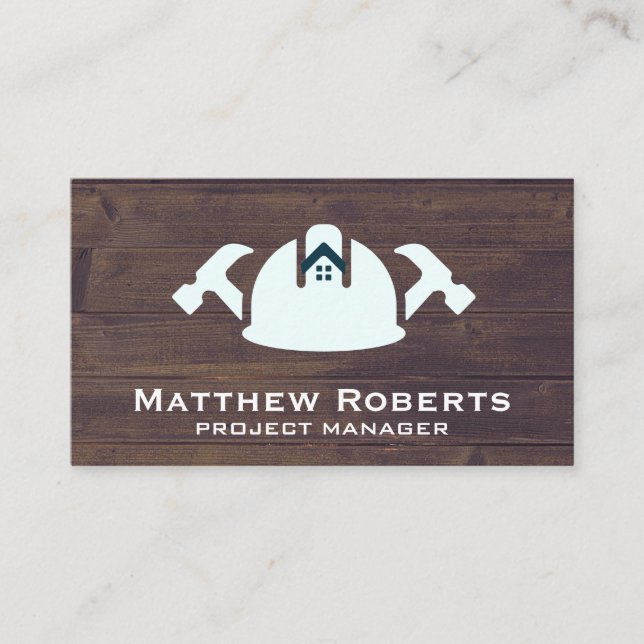 Hardhat Hammers House Logo | Wood Background Business Card (Front)