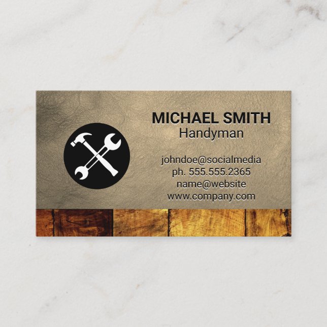 Hardware Tools | Construction | Wood Leather Business Card (Front)