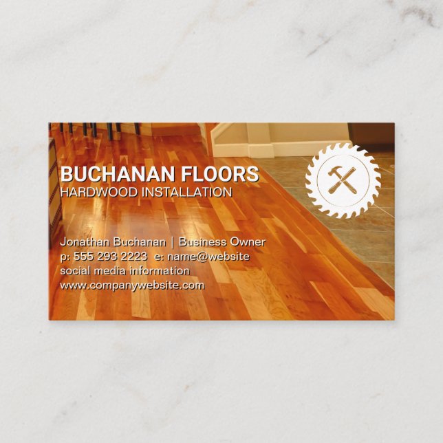 Hardwood Floors and Tiles | Saw and Hammer Logo Business Card (Front)