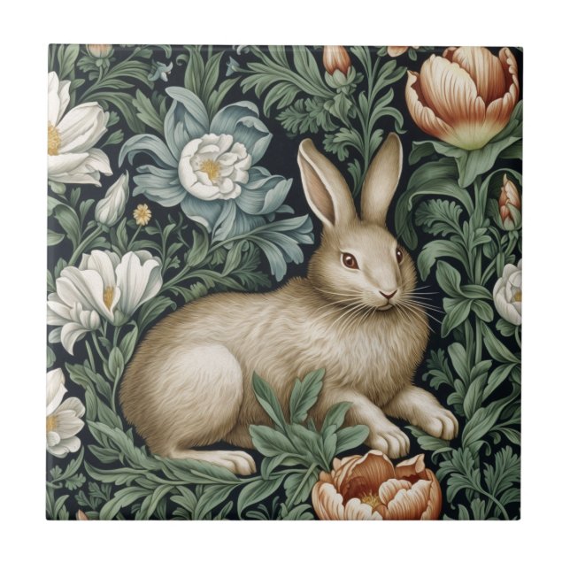Hare and flowers in the garden art nouveau style ceramic tile (Front)
