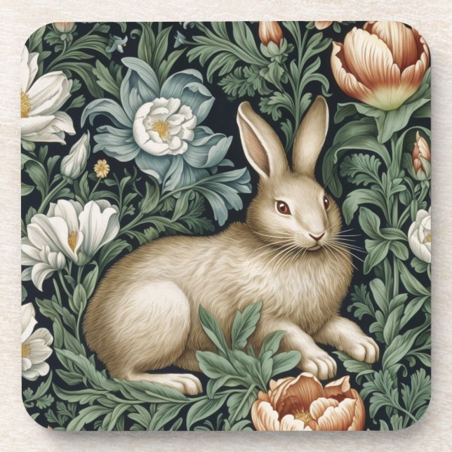 Hare and flowers in the garden art nouveau style coaster (Front)