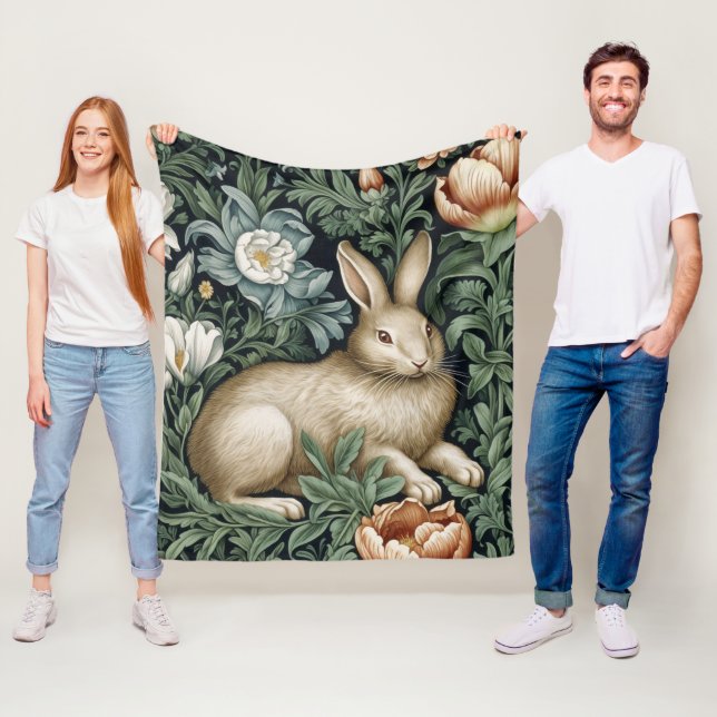 Hare and flowers in the garden art nouveau style fleece blanket (In Situ)
