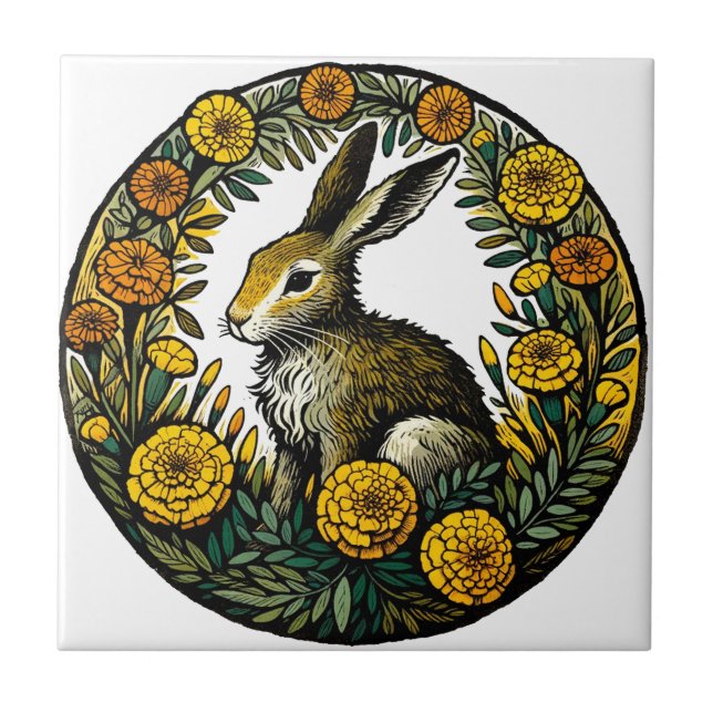 Hare and Marigolds                                 Ceramic Tile (Front)