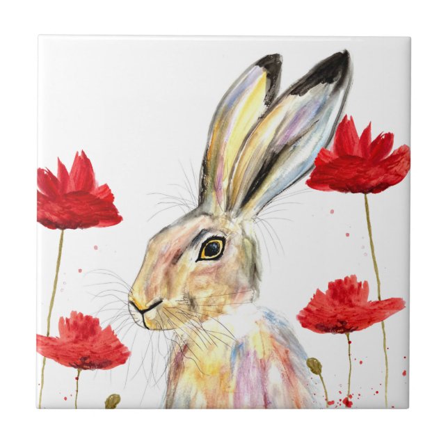 Hare Animal Watercolor Bunny Rabbits Forest Ceramic Tile (Front)