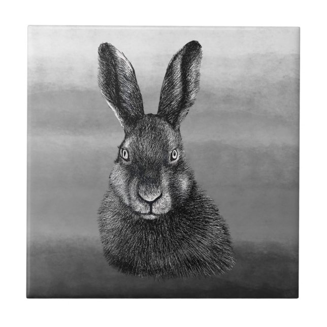 Hare drawing black and white  ceramic tile (Front)