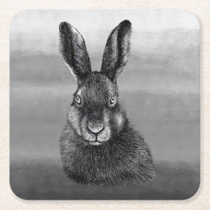 Hare drawing black and white square paper coaster