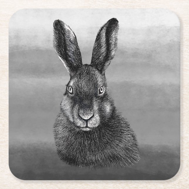 Hare drawing black and white square paper coaster (Front)