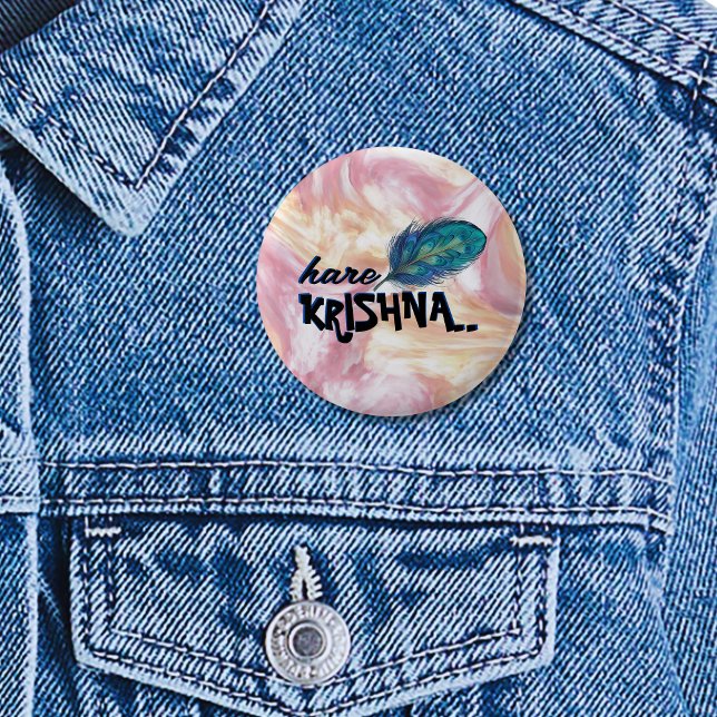 "Hare Krishna" Peacock Feather Hindu 6 Cm Round Badge (Creator Uploaded)