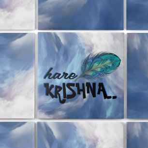 "Hare Krishna" Peacock Feather Hindu Ceramic Tile